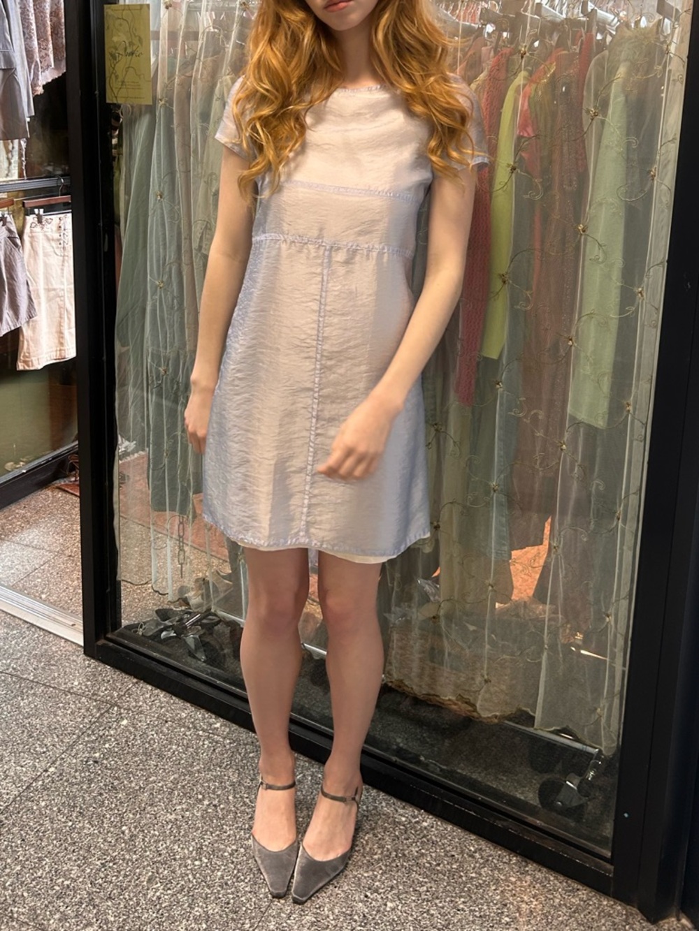 ▪️sold▪️vintage light blue sheer short sleeve mini dress made in paris - Picture 4 of 8